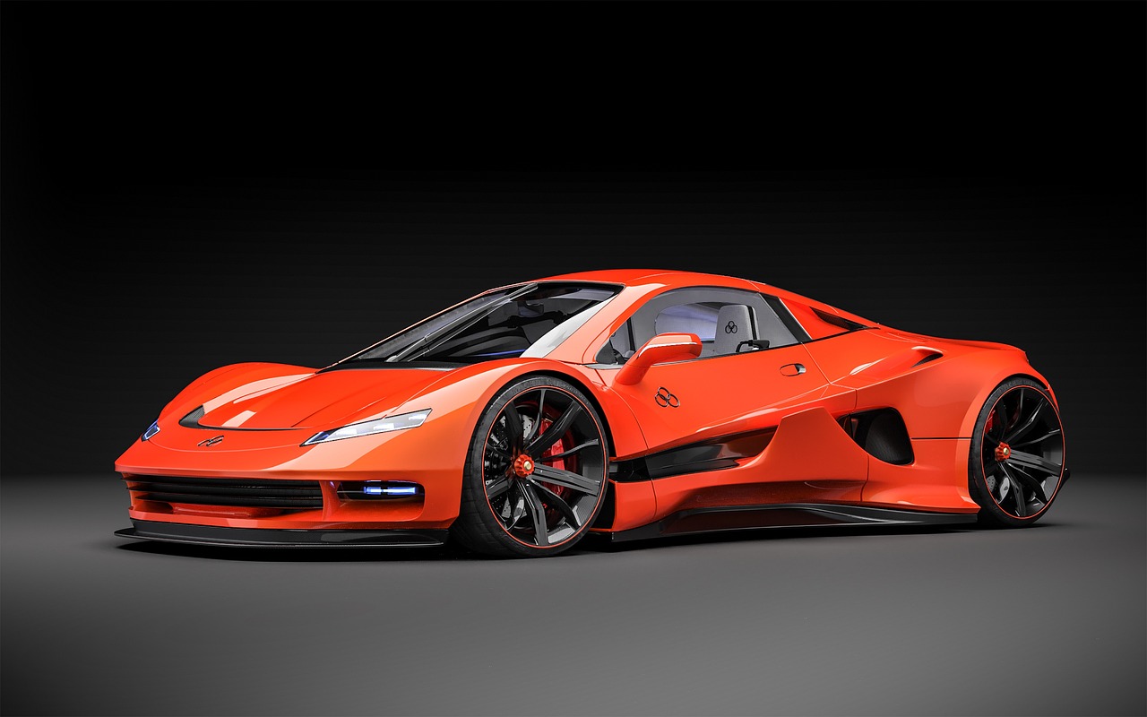 an orange sports car on a black background, a 3D render, zbrush central contest winner, de tomaso, stingray, red car, concept photos