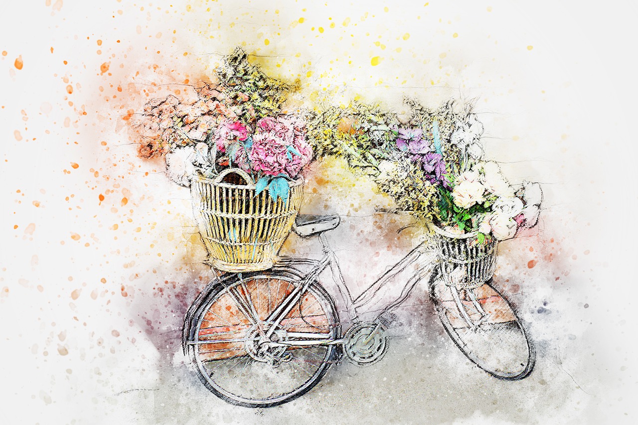 a painting of a bicycle with a basket full of flowers, a watercolor painting, trending on pixabay, blurred and dreamy illustration, colored screentone, mixed media style illustration, masterpiece work of art