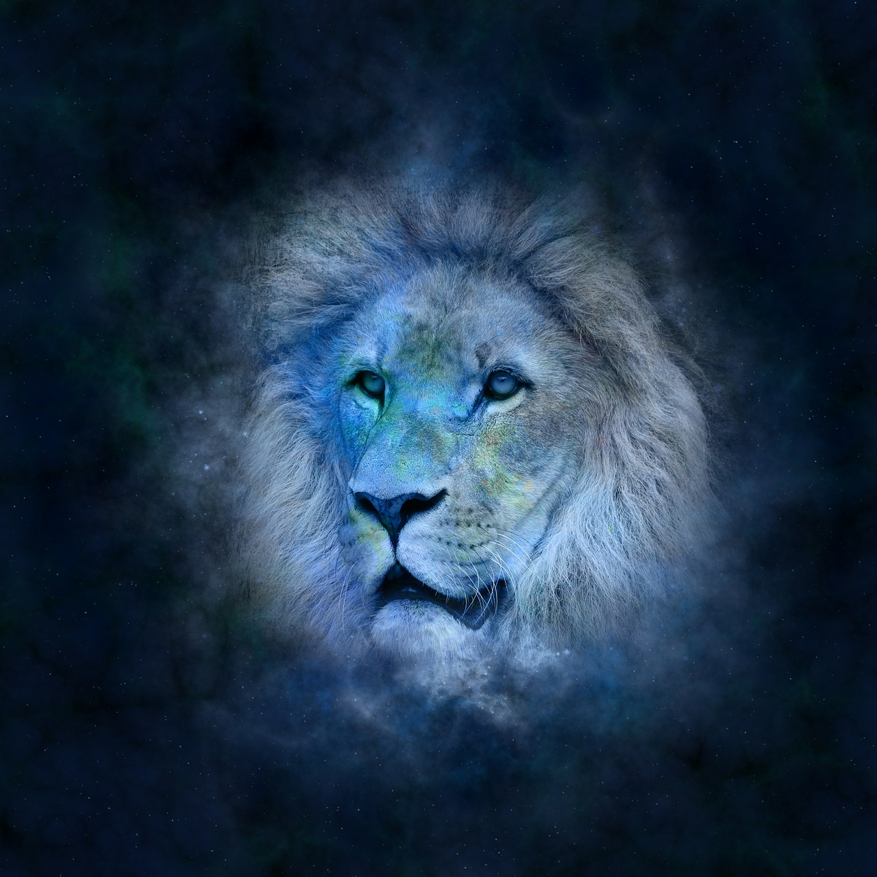 a close up of a lion's face on a dark background, digital art, blue nebula, astrology, high quality fantasy stock photo