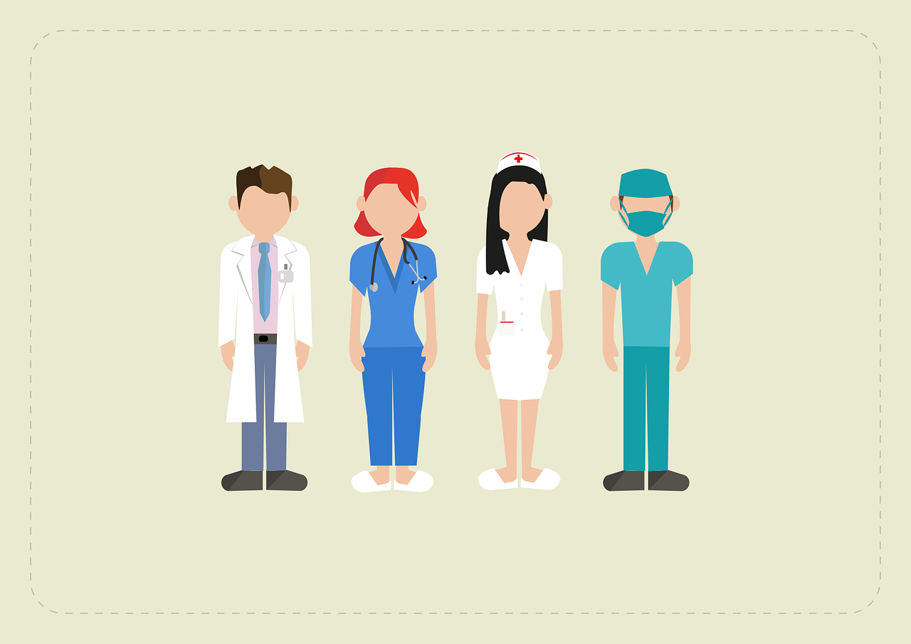 a group of doctors standing next to each other, an illustration of, by Amelia Peláez, shutterstock, figuration libre, nurse costume, simple 2d flat design, half body photo