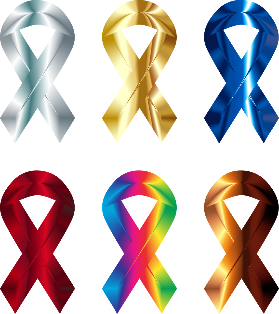 a set of six different colored ribbons on a black background, an illustration of, by David Burton-Richardson, flickr, computer art, shiny metallic glossy skin, awareness, color vector, disease