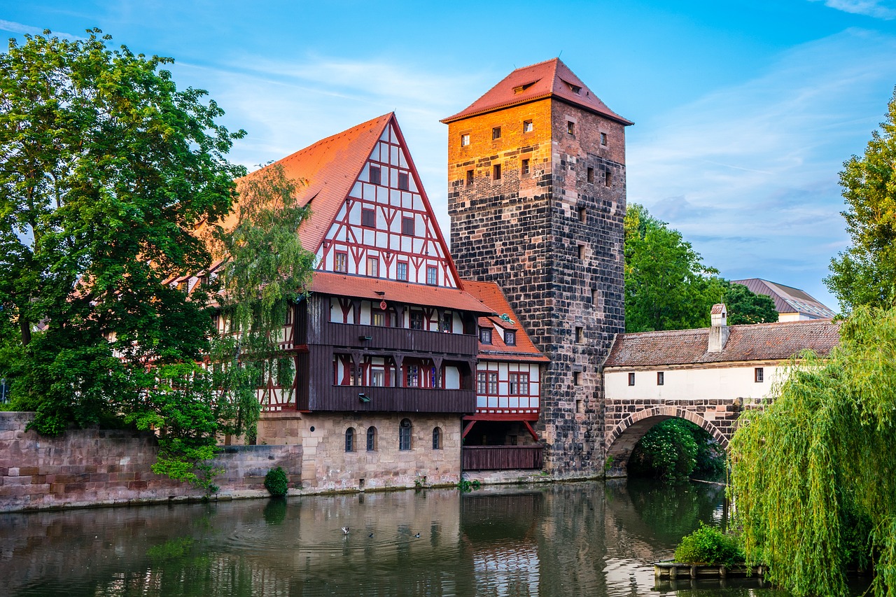 a building that is next to a body of water, by Juergen von Huendeberg, shutterstock, renaissance, nuremberg, hardturm, fully functional, all buildings on bridge