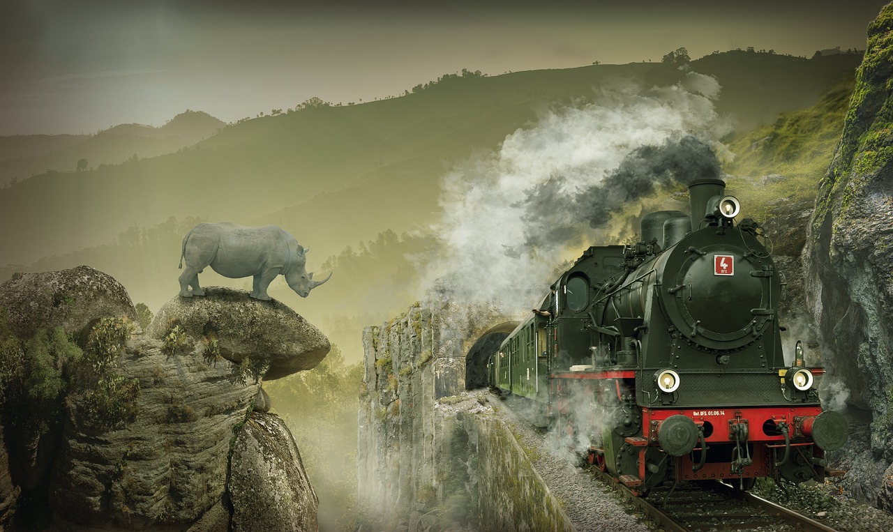 a train traveling down train tracks next to a mountain, pixabay contest winner, fantastic realism, half elephant, tank, doing an elegant pose, wallpaper - 1 0 2 4