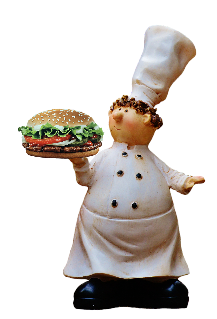 a statue of a chef holding a hamburger, a picture, by Susan Heidi, figuration libre, photography of bill brauer, claymation character, cookbook photo, stylized photo