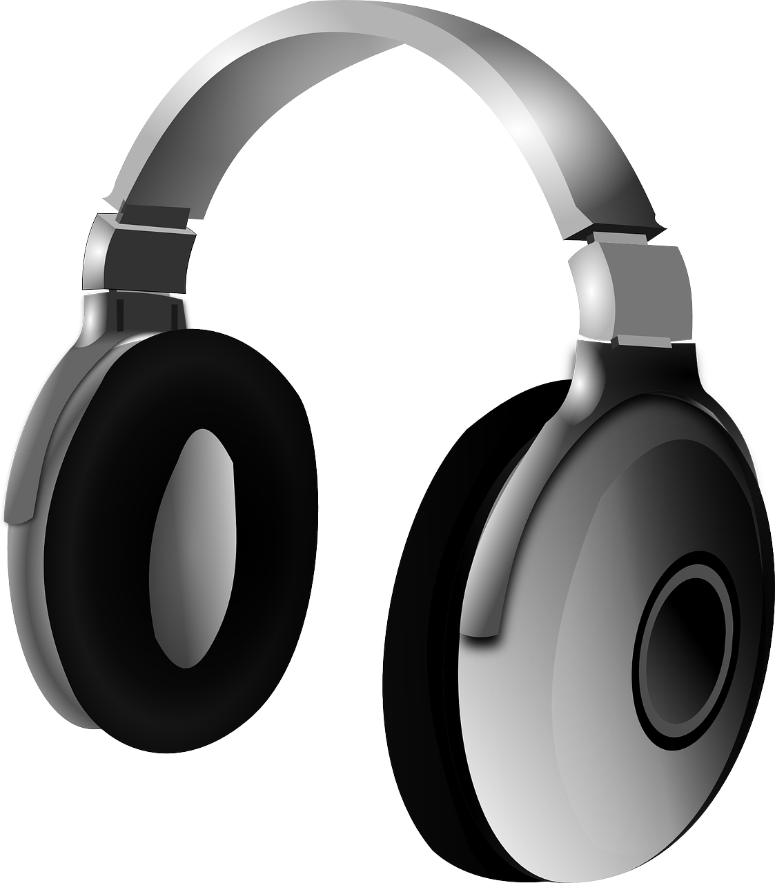 a pair of headphones sitting on top of each other, a digital rendering, pixabay, bauhaus, black and silver, clip art, wearing modern headphone, side-view