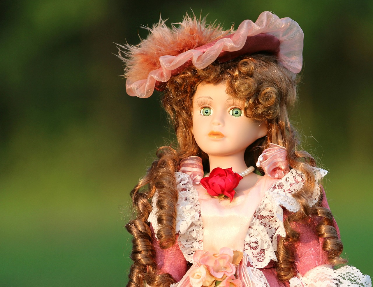 a close up of a doll wearing a dress, inspired by Margaret Brundage, trending on pixabay, rococo, evening sunset, pink iconic character, young southern woman, porcelain
