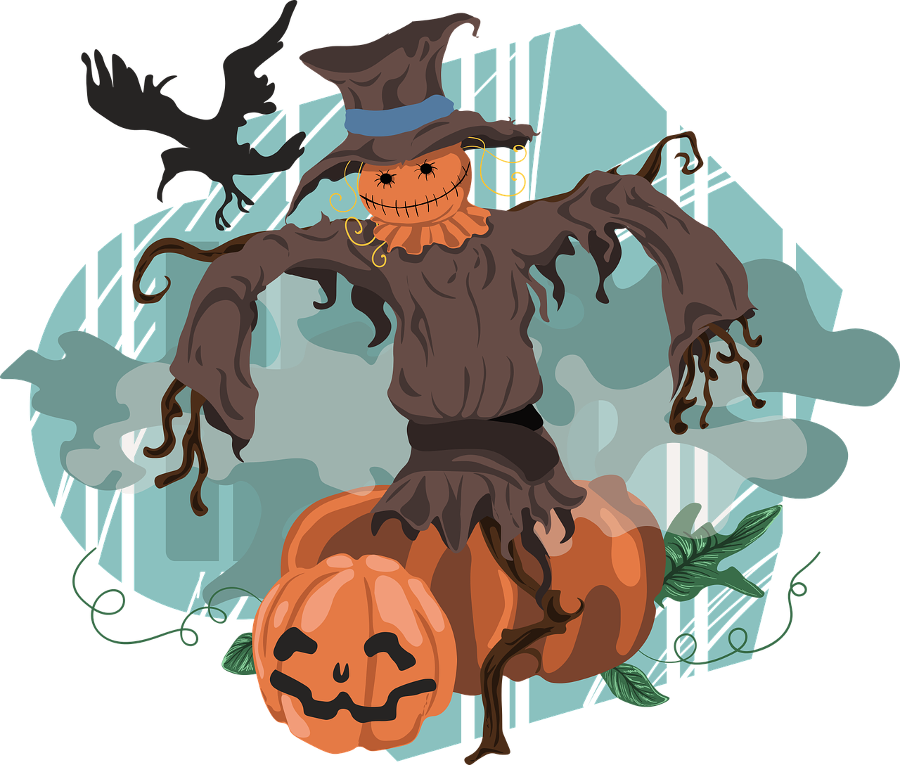 a scare standing on top of a pumpkin, vector art, shutterstock, digital art, scarecrow, on a dark background, dead forest background, very very low quality picture