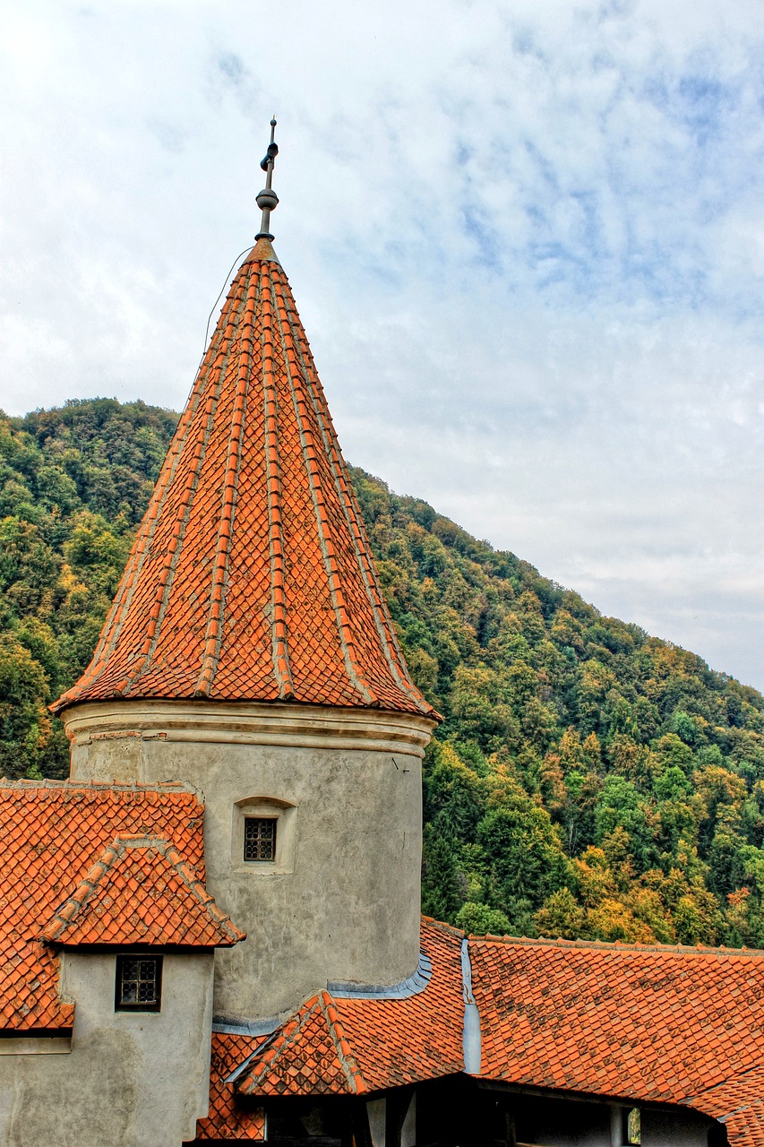 a tall tower with a clock on top of it, a photo, by Sigmund Freudenberger, shutterstock, renaissance, roof with vegetation, autumn mountains, taras susak, cone shaped