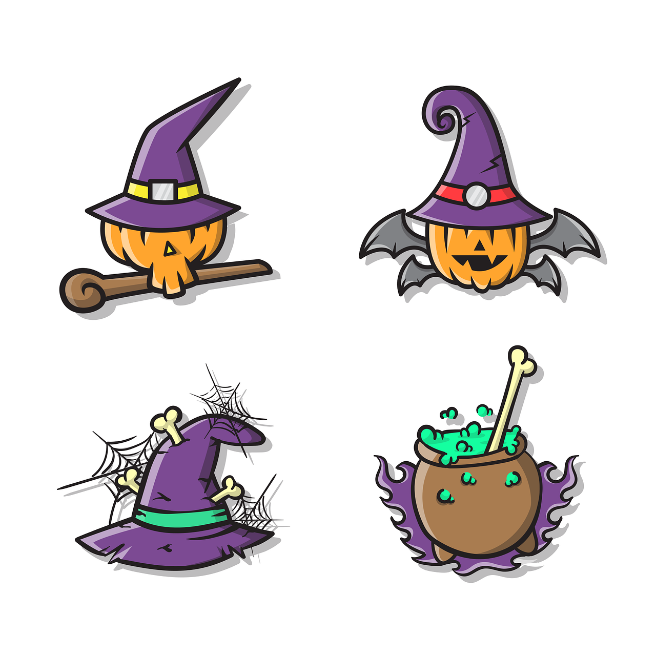 a collection of halloween stickers on a white background, concept art, mingei, magic spell icon, stylized linework, mascot illustration, 4 color print