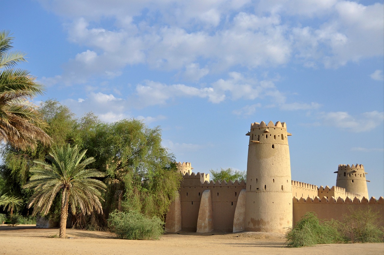a castle with a palm tree in front of it, shutterstock, dau-al-set, watch tower, arabian, jamel shabbaz, silo