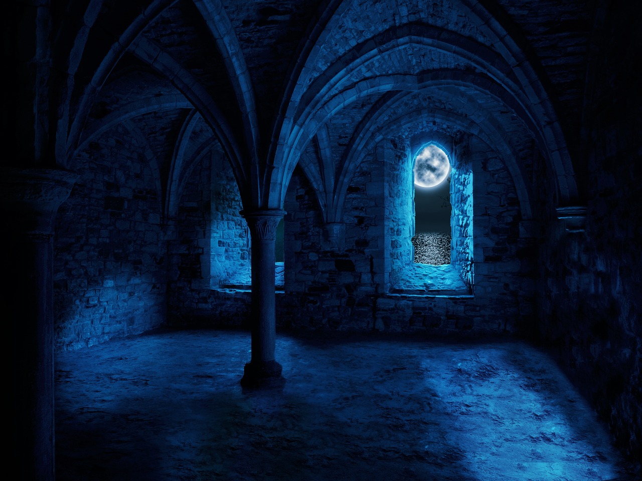 a dimly lit room with a moon in the window, shutterstock, romanesque, with glowing blue lights, deep halls, set photo