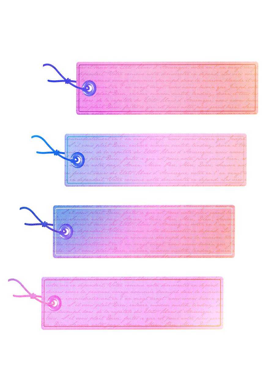 three tags sitting next to each other on a black background, a digital rendering, inspired by Peter Alexander Hay, conceptual art, pink and blue gradients, iridescent texture, 1849, detailed string text