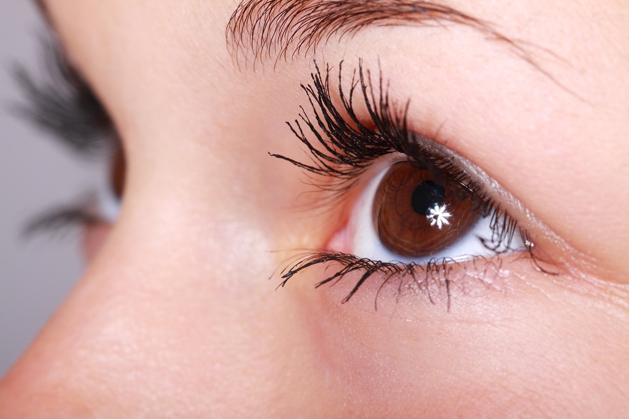 a close up of a person's eye with long eyelashes, a picture, by Maksimilijan Vanka, shutterstock, brown hair and large eyes, eyes). full body, glowing (((white laser))) eyes, white lashes