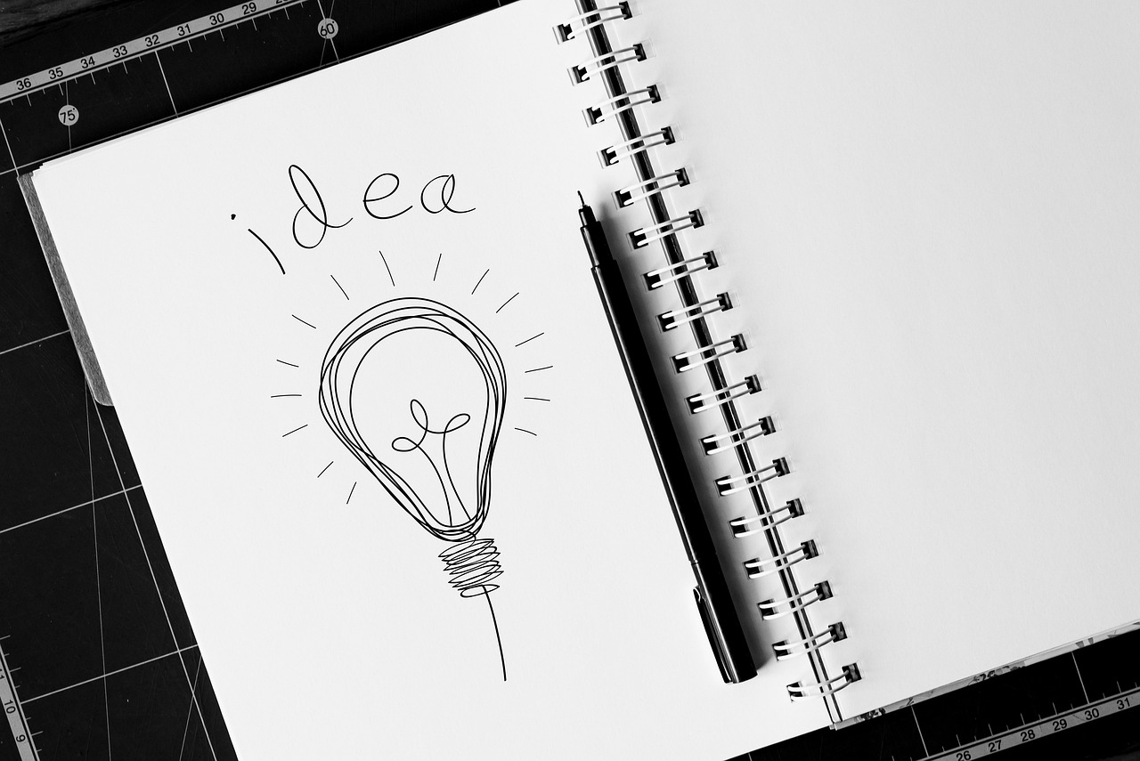 a notebook with a drawing of a light bulb on it, a pencil sketch, inspired by Géza Dósa, trending on pixabay, istockphoto, b&w photo, innovation, logo design