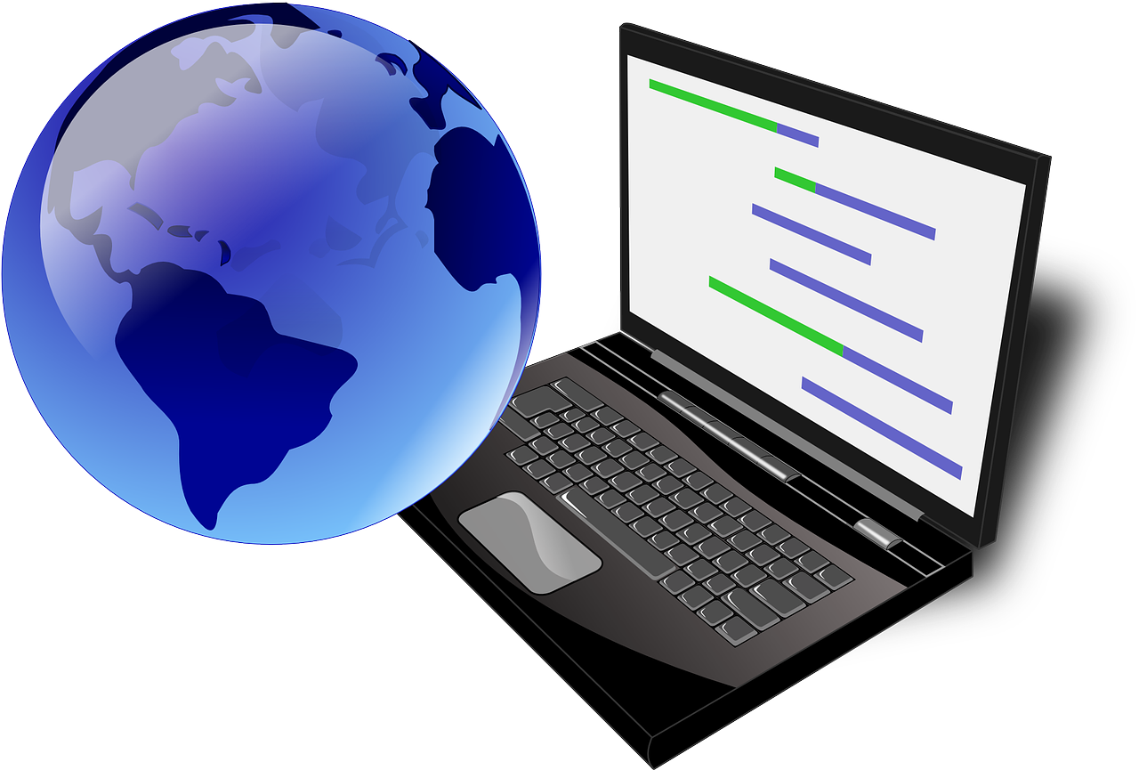 a laptop computer with a globe next to it, a computer rendering, vectorized, stretch, rails, online