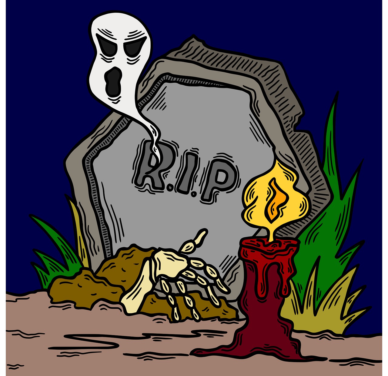 a tombstone with a burning candle in front of it, a cartoon, scary picture in color, drip, bone, flash photo