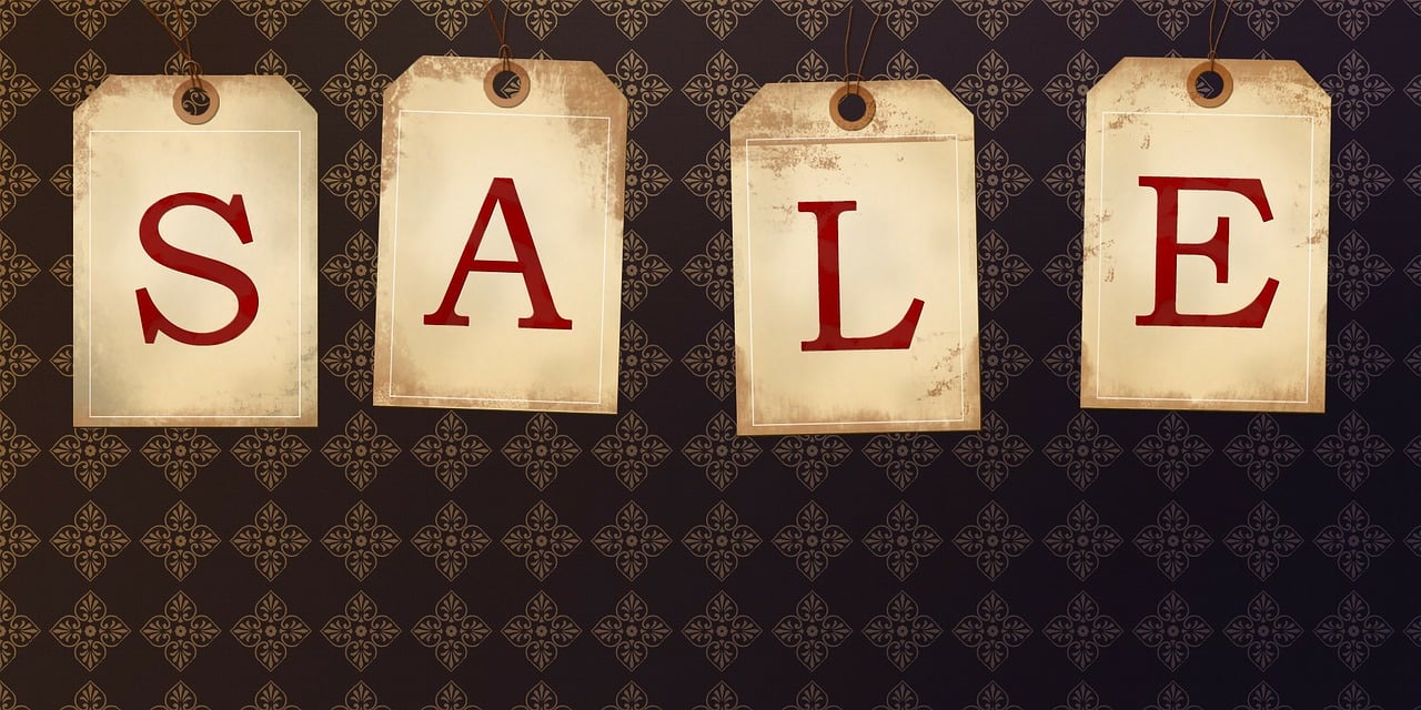 three tags with sale written on them hanging from strings, by Alison Geissler, pixabay, folk art, letter a, yellowing wallpaper, alla prima, royal