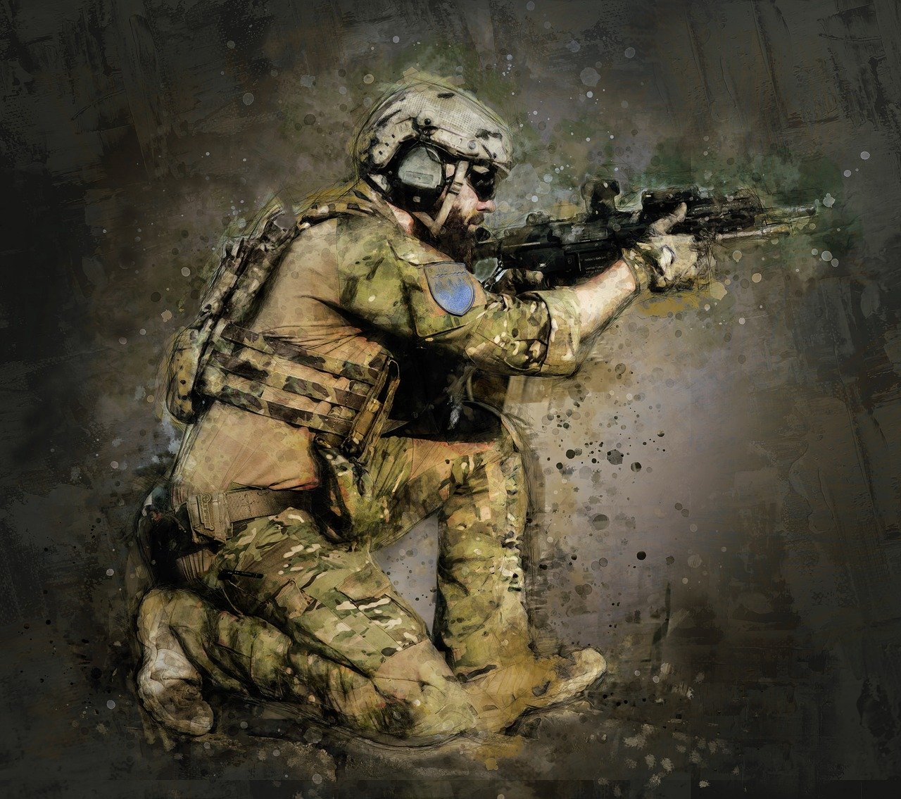 a painting of a soldier with a gun, digital art, shutterstock, full length shot, textured, squatting, multicam