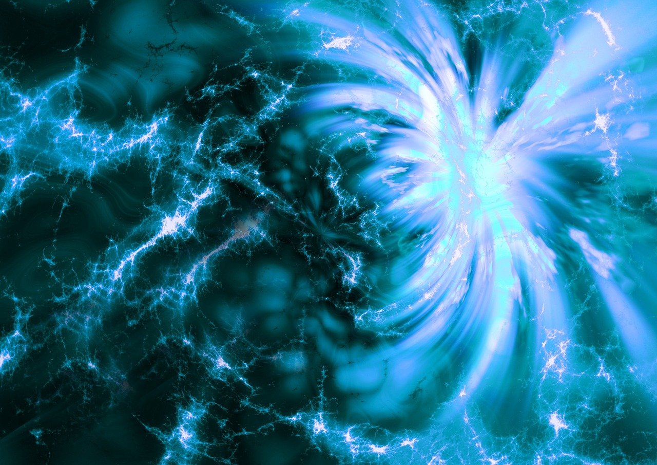 a blue swirl in the middle of a black background, digital art, massive energy storm, glowing cracks, collapsing stars and supernovae, with fractal sunlight