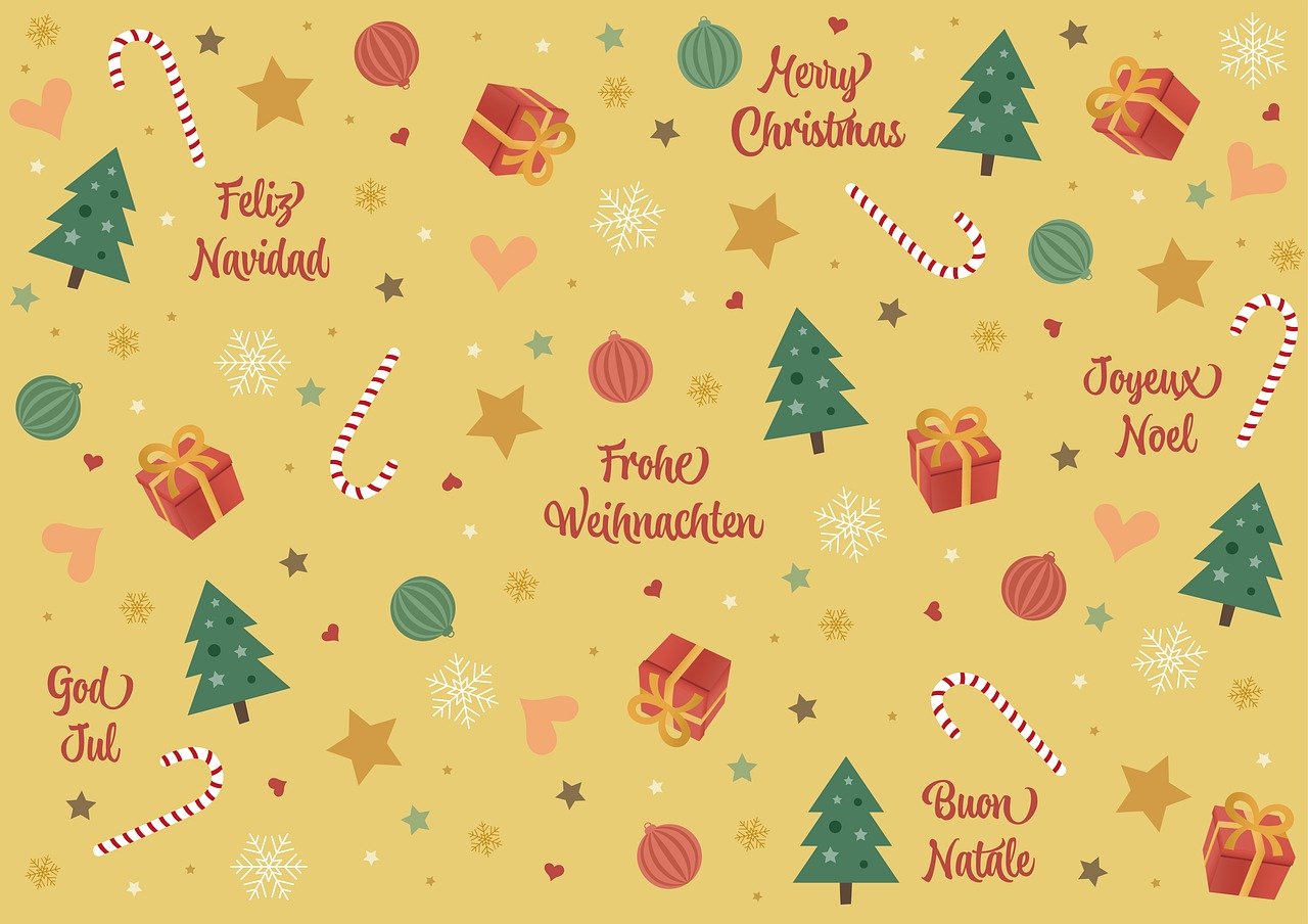 a pattern of christmas trees and presents on a yellow background, by Lorentz Frölich, shutterstock, naive art, with names, vector design, warm theme, german