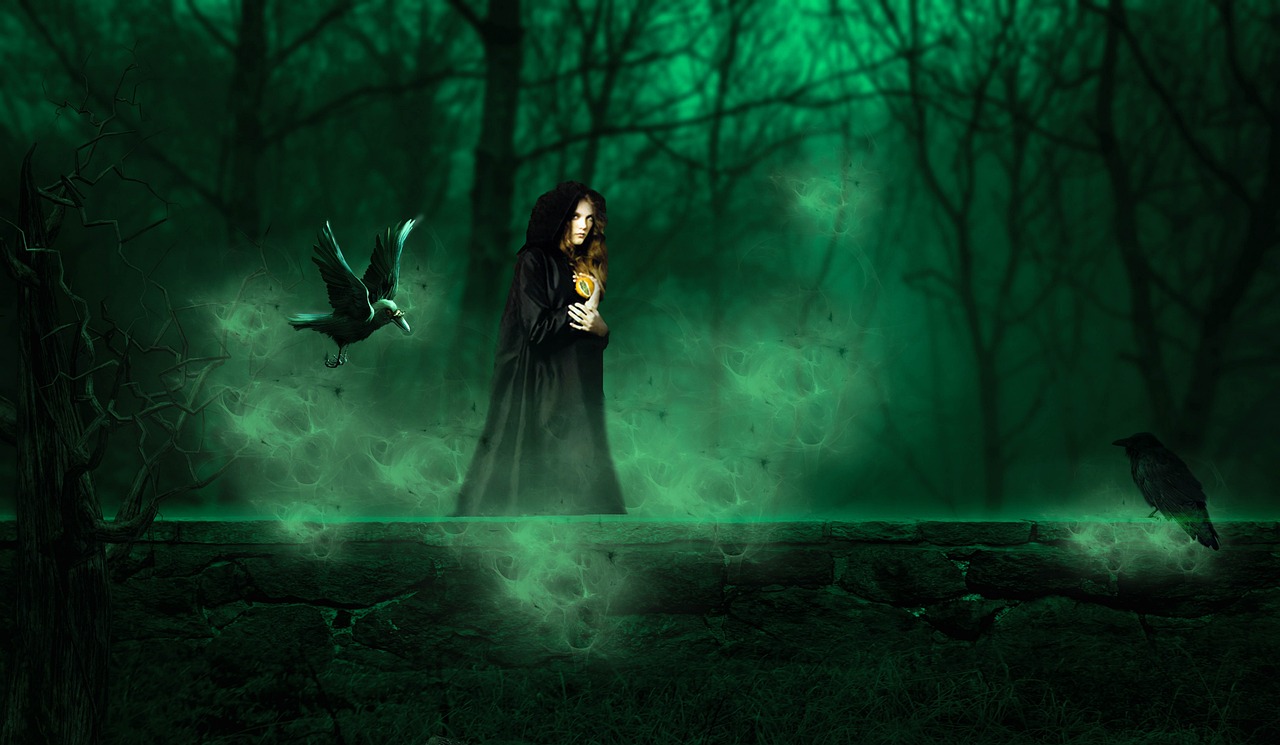 a woman in a black dress standing in a forest, digital art, pixabay contest winner, fantasy art, haunted green swirling souls, holding nevermore, a young female wizard, wallpaper background