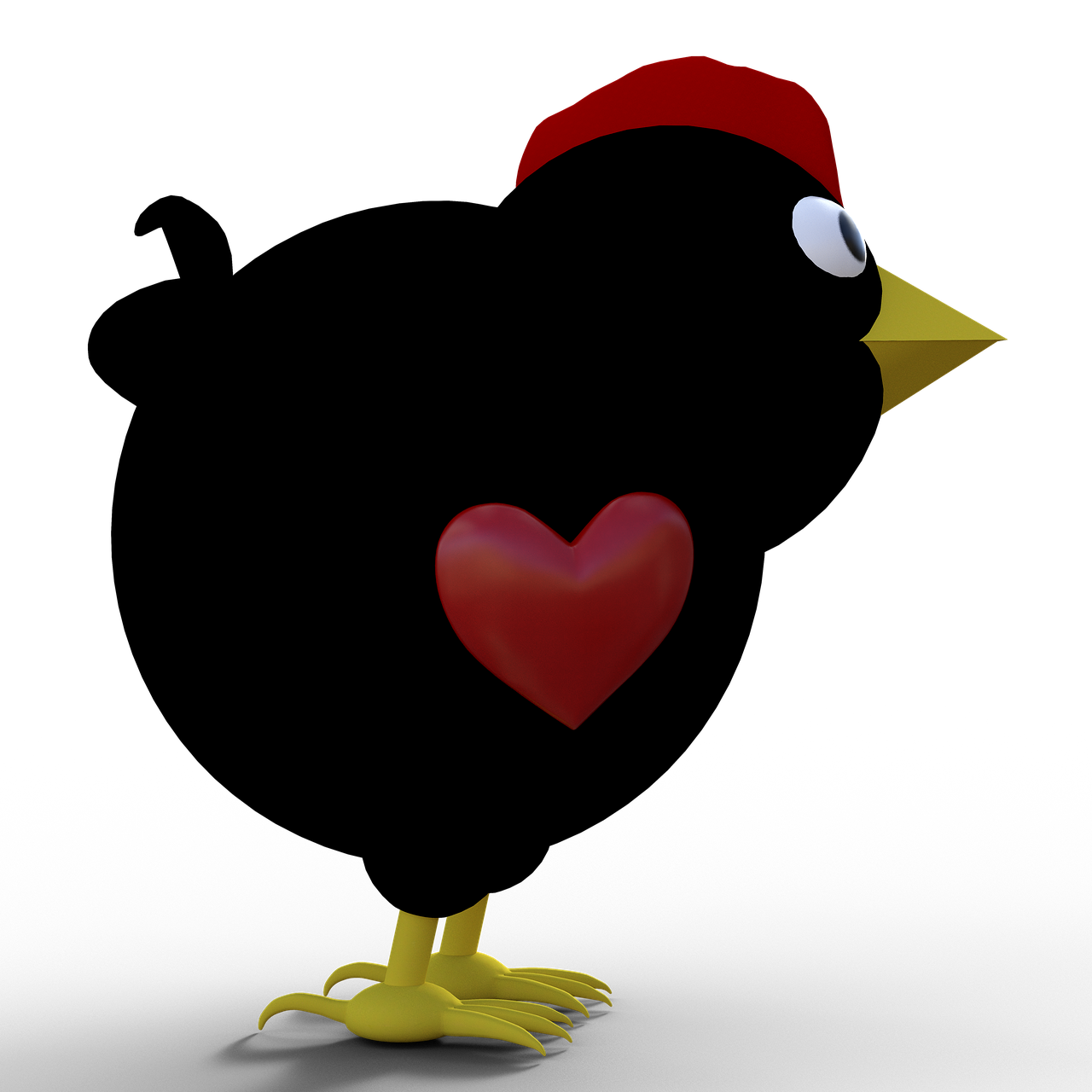 a bird wearing a santa hat next to a heart, a raytraced image, inspired by Heinz Anger, flickr, renaissance, full body close-up shot, black main color, anthropomorphized chicken, flash photo