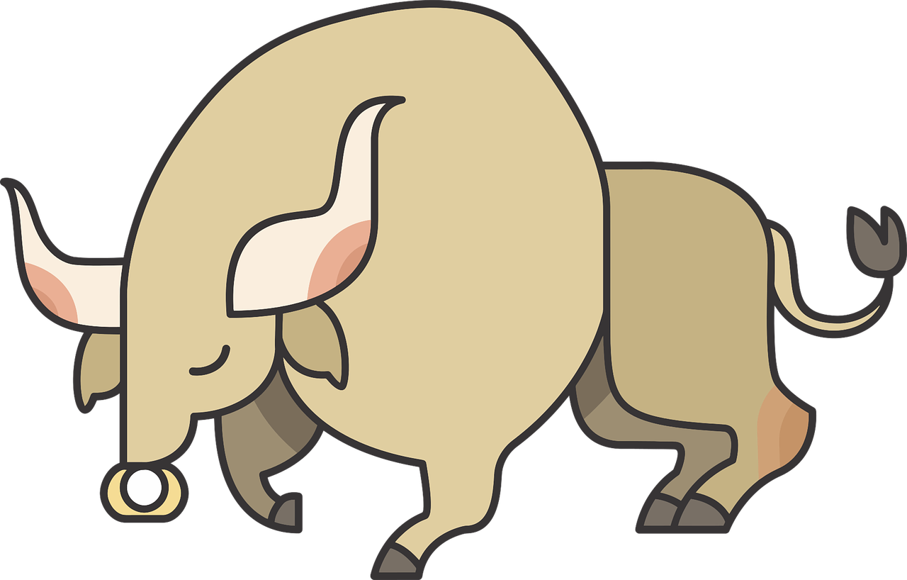 a bull with a bell around its neck, a digital rendering, inspired by Shūbun Tenshō, pixabay, mingei, very sleepy and shy, beige, bending down slightly, rotoscoped