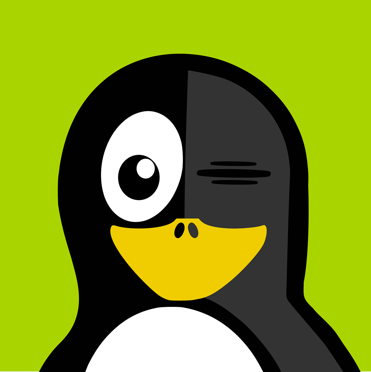 a close up of a penguin's face on a green background, vector art, stuckism, linux, delete, black and green, smiley