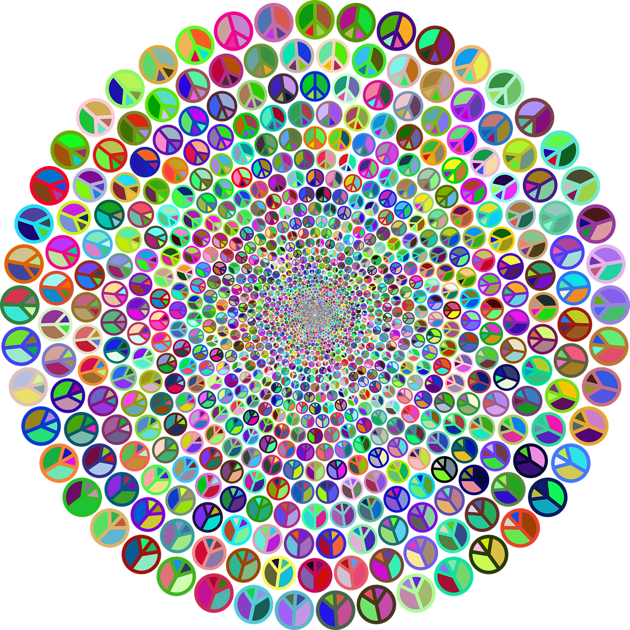 a multicolored circle of peace signs on a black background, a digital rendering, by Jon Coffelt, generative art, pills, [ bubbles, colorful computer screen, top of art