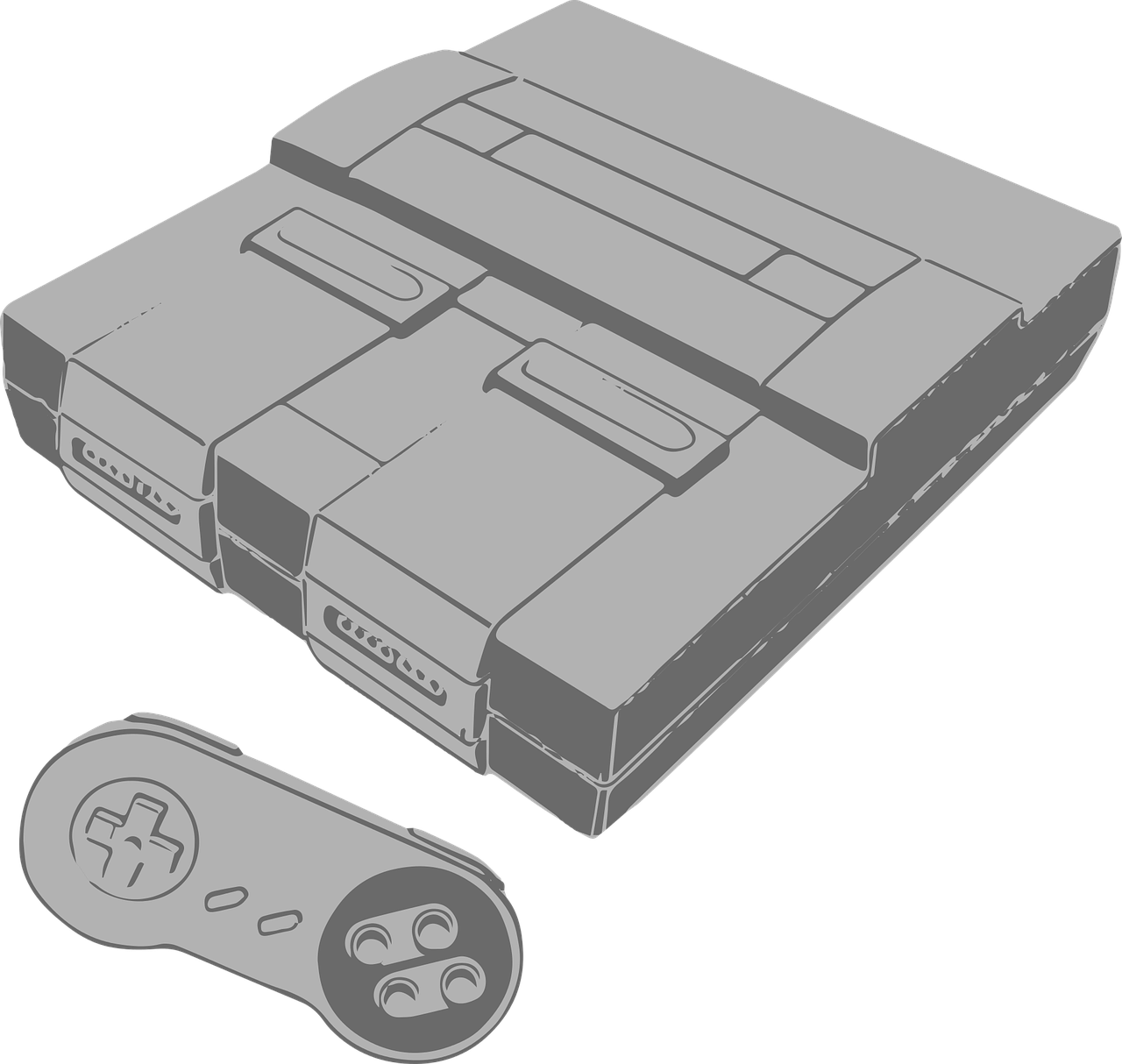 a game console with a controller next to it, an ambient occlusion render, inspired by Mario Comensoli, pixel art, mostly greyscale, art from nes game cartridge, snes screenshot, no - text no - logo