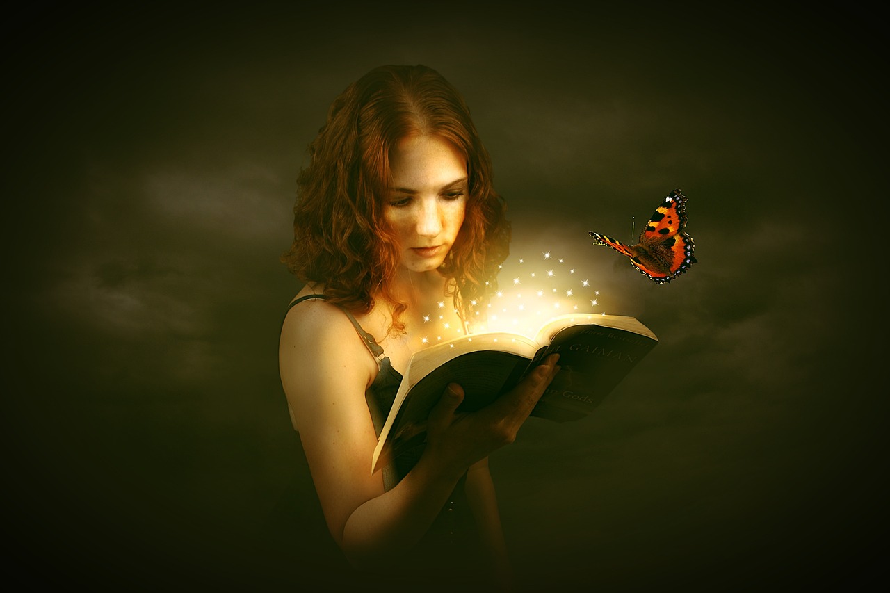 a woman reading a book with a butterfly flying out of it, digital art, digital art, godly light, photo of a beautiful, casting spells, reading the book about love