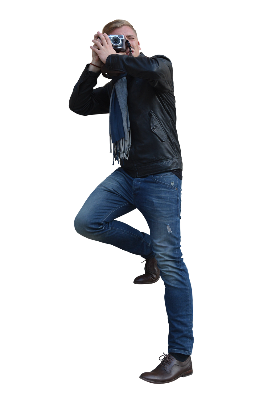 a man taking a picture with a camera, trending on zbrush central, dynamic pose full body, jeans, he is dancing, epk