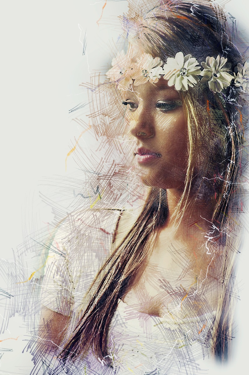 a painting of a woman with flowers in her hair, by Kurt Roesch, digital art, portrait of nicole aniston, hot summertime hippie, blurred and dreamy illustration, mixed media style illustration