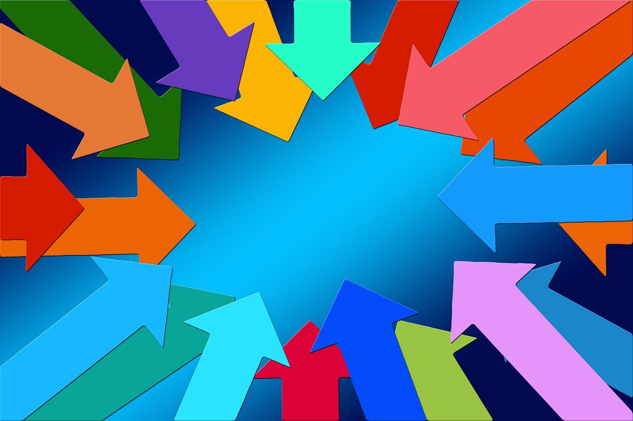many different colored arrows are arranged in a circle, trending on pixabay, abstract illusionism, rectangular, with a blue background, colorful glass wall, clipart