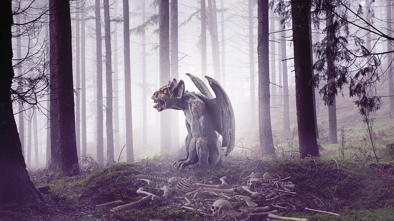 a statue of a dragon in the middle of a forest, a 3D render, inspired by Samuel Hieronymus Grimm, mothman, photo manipulation, 🦑 design, newly hatched dragon