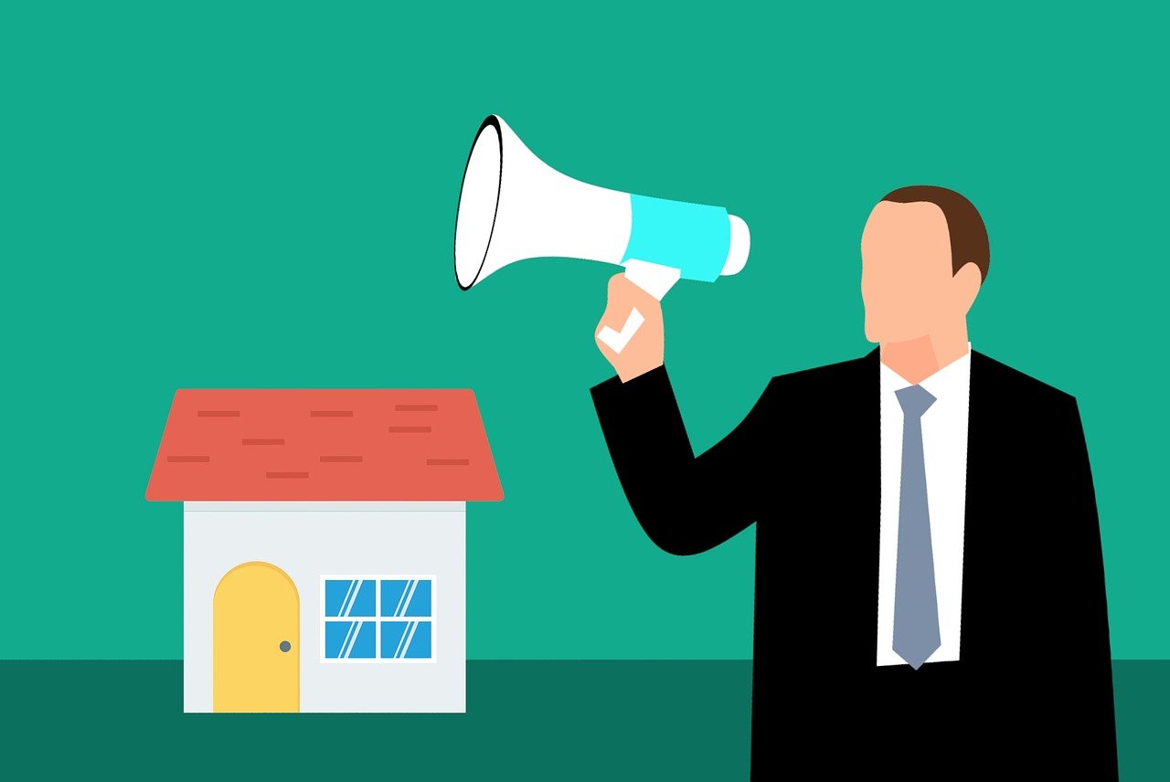 a man holding a megaphone in front of a house, an illustration of, trending on pixabay, advertising photo, without duplication noise, an estate agent listing photo, vocalist