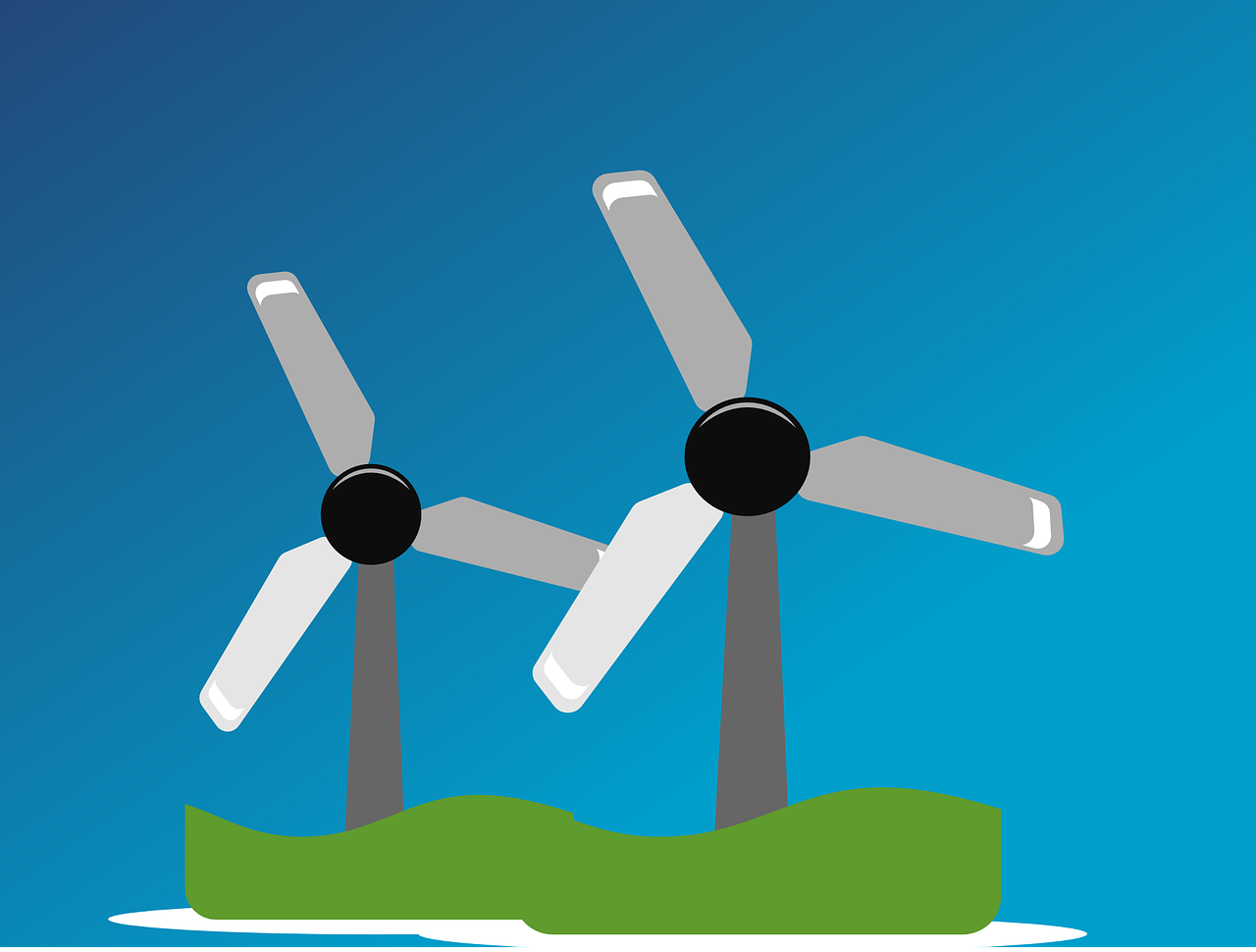 a couple of windmills sitting on top of a green field, an illustration of, by Leon Polk Smith, purism, offshore winds, middle close up composition, jet turbine, version 3