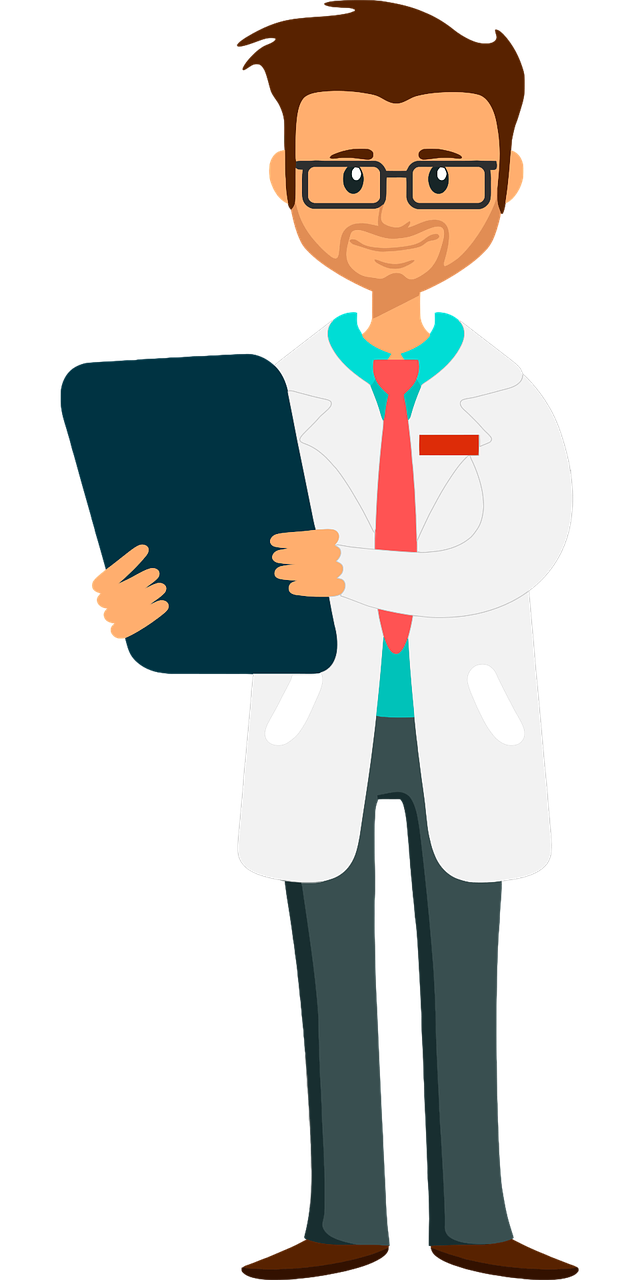 a man in a lab coat holding a clipboard, an illustration of, pixabay, figuration libre, on a flat color black background, doctors office, reference sheet white background, stock photo