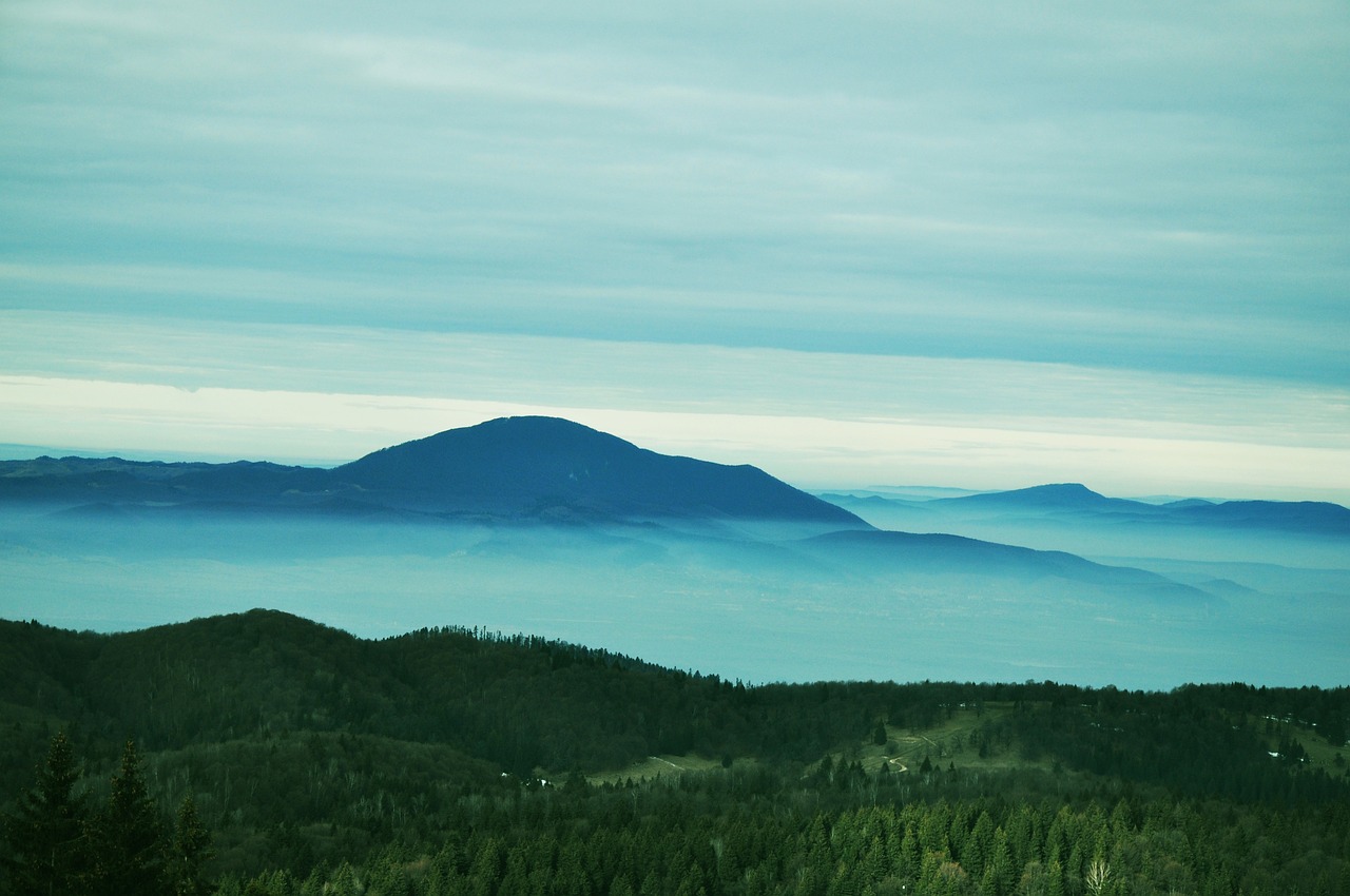 a view of the mountains from the top of a hill, a picture, by Aleksander Gierymski, flickr, romanticism, blue mist, forest on the horizont, islands on horizon, distant photo