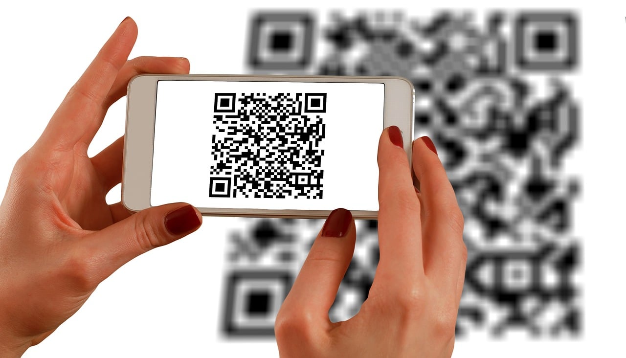 a person holding up a smart phone with a qr code on it, a picture, by Mirko Rački, pixabay, laura sava, transforming, with a white background, photo taken in 2018