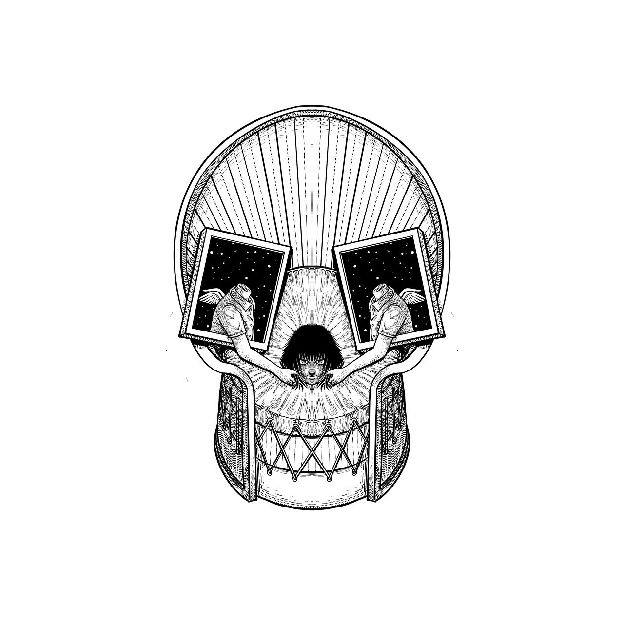 a black and white drawing of a human skull, by Adam Marczyński, beneath the stars, skeleton drummer, symmetrical digital illustration, neil young design