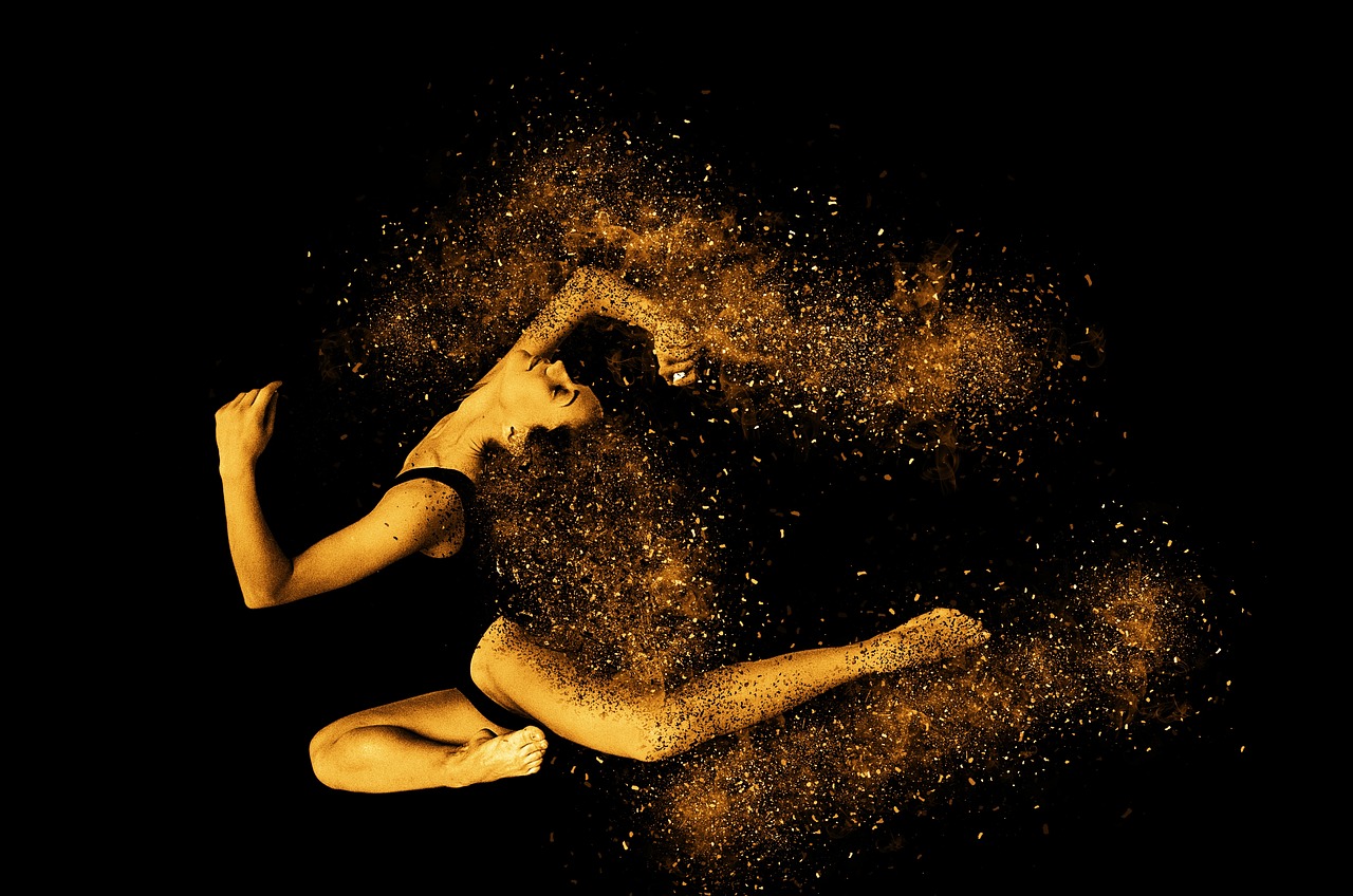 a woman in a leo leo leo leo leo leo leo leo leo leo leo leo leo leo, pexels, digital art, sand particles, acrobatic, black and gold, istock