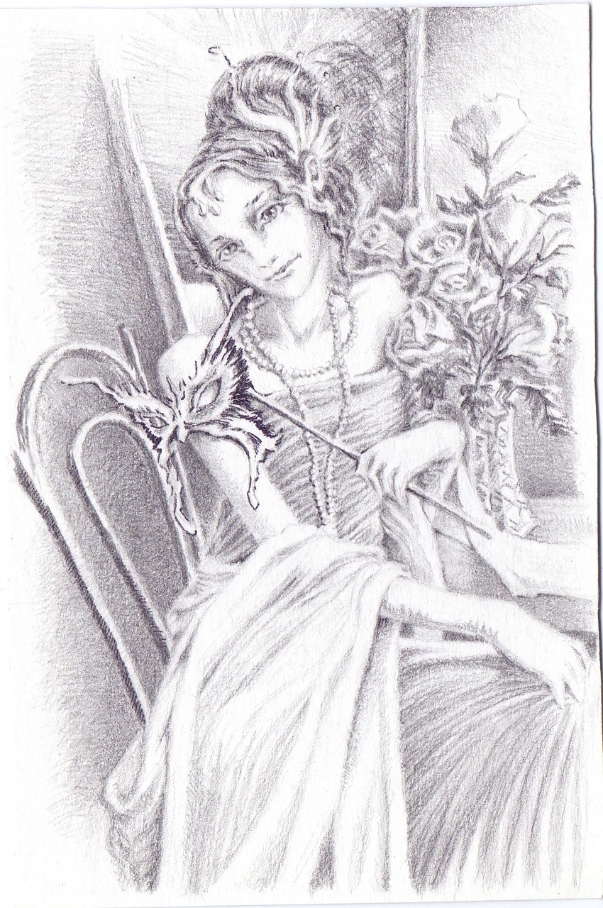a drawing of a woman sitting in a chair, a pencil sketch, inspired by Gustav Doré, cg society contest winner, romanticism, kind cyborg girl with flowers, in style of alan lee, detail, storybook illustration