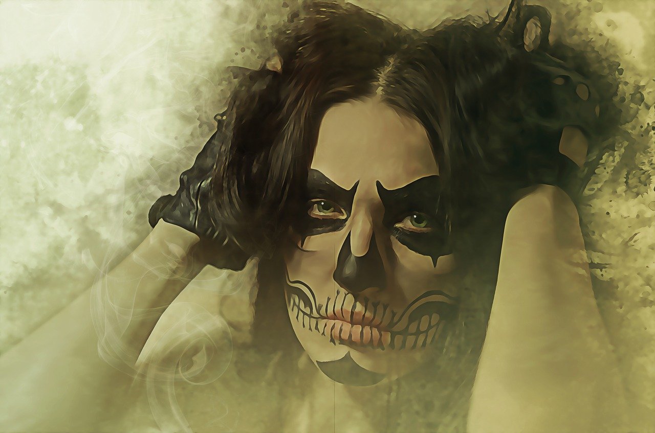 a close up of a person with makeup on, a digital painting, inspired by Brom, deviantart contest winner, gothic art, mad max inspired, eren jaeger, with smoke, personification of greed