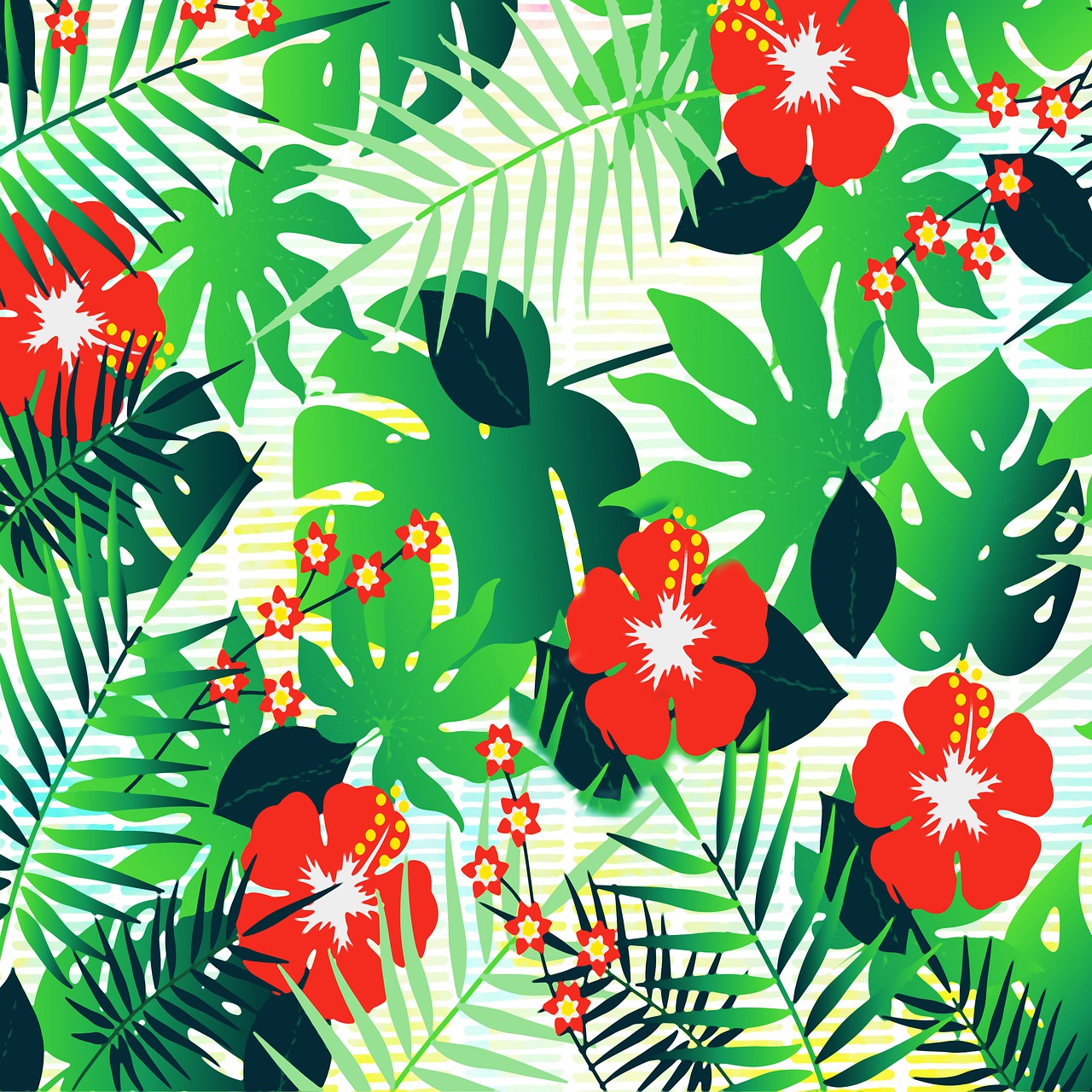 a pattern of tropical leaves and flowers, an illustration of, by Gawen Hamilton, shutterstock, red flowers of different types, summer sunlight, background image, high contrast illustration