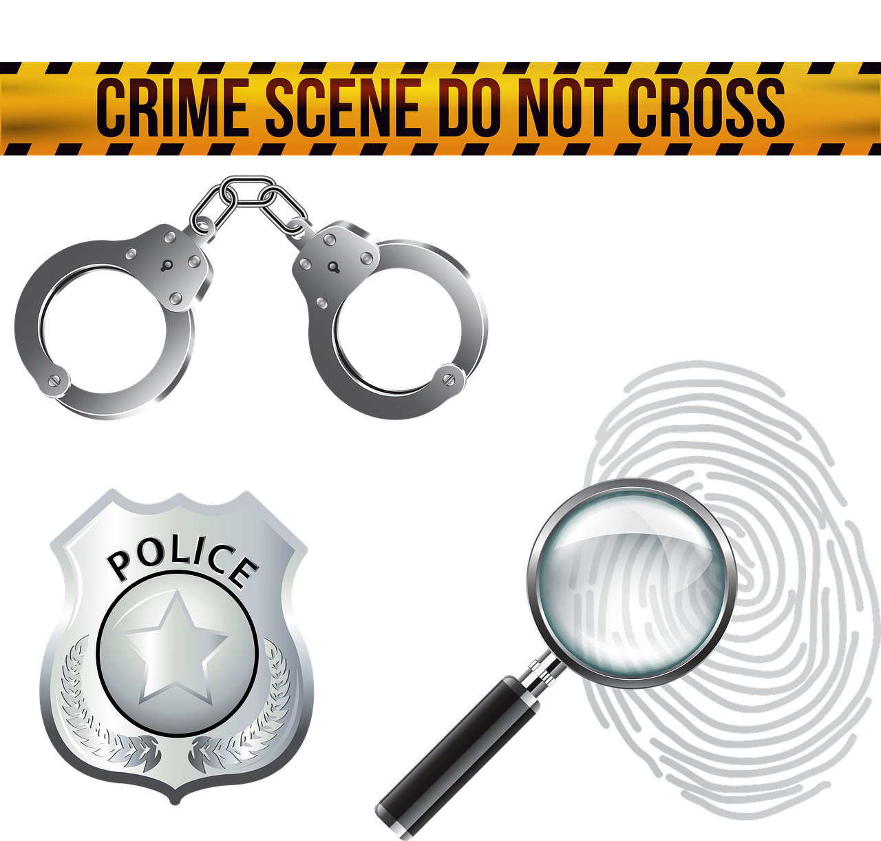 a pair of handcuffs and a magnifying glass, shutterstock, process art, police cars, cross, scene!!, cane