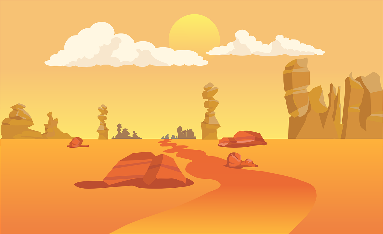 a cartoon desert landscape with rocks and trees, by Alexis Grimou, shutterstock, city ruins background, orange rocks, the lands littered with bodies, smooth illustration