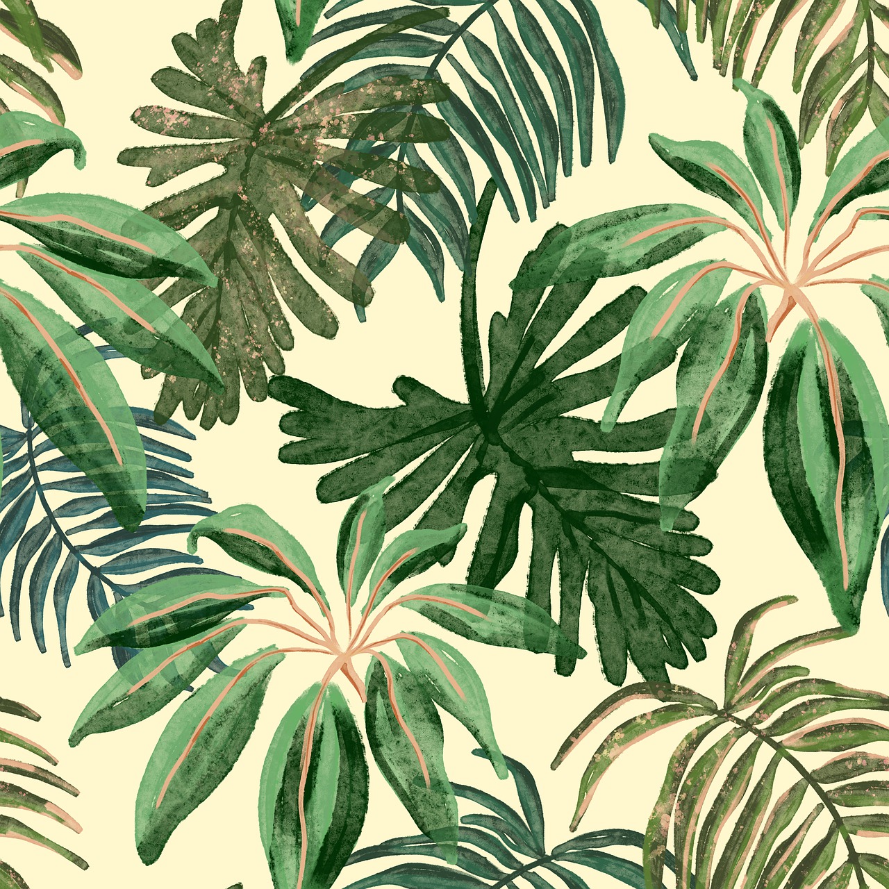 a watercolor painting of tropical leaves on a yellow background, a picture, seamless pattern, vintage shading, shades of green, full color illustration