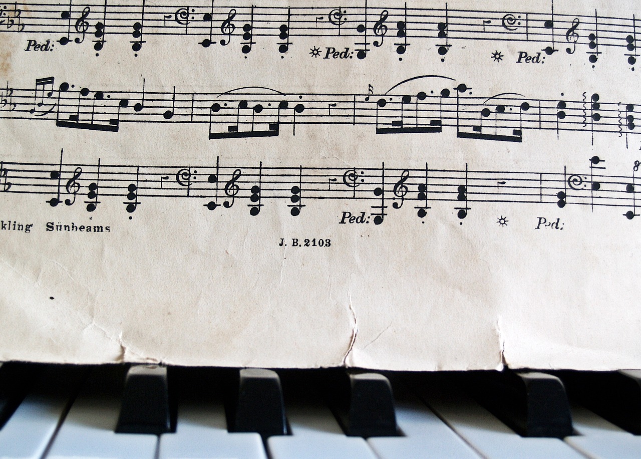 a sheet of music sitting on top of a piano keyboard, by Leon Kapliński, pexels, romanticism, on old parchment paper, wikimedia, detail, singing