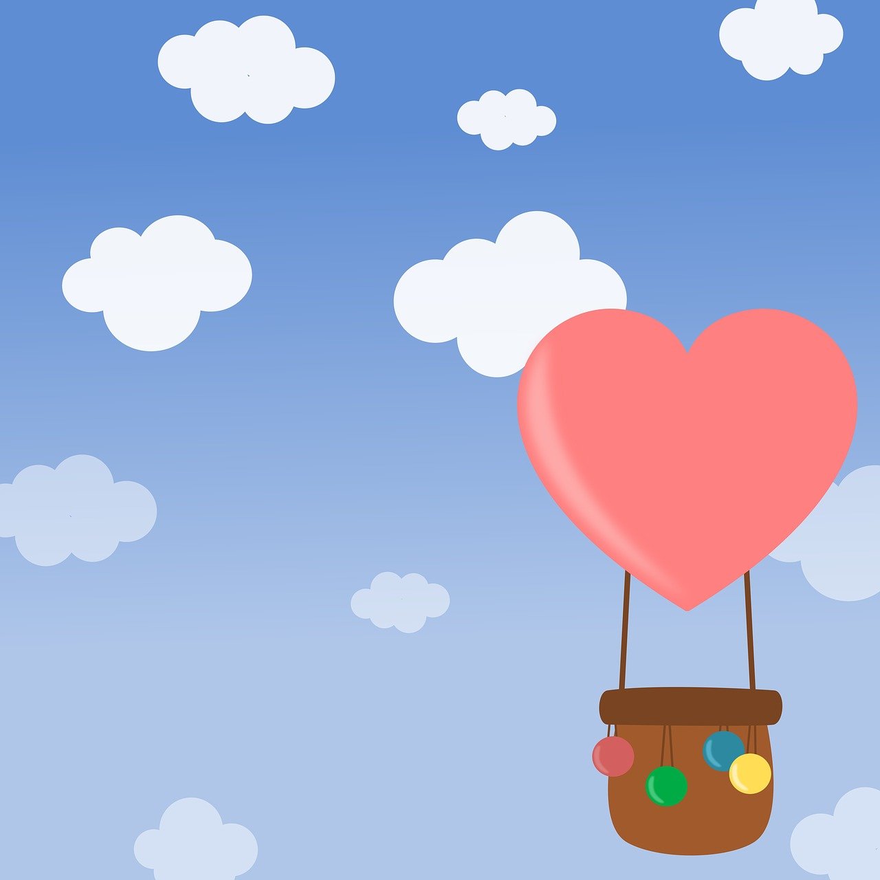 a heart shaped balloon floating in the sky, an illustration of, cartoon style illustration, concept illustration, anime background, an illustration